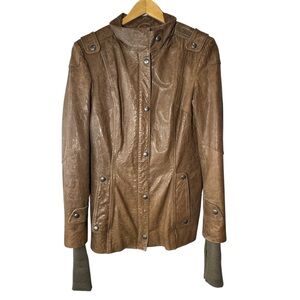 Y2K Danier Brown Leather Utility Jacket Snap Front Stand Collar Size Small